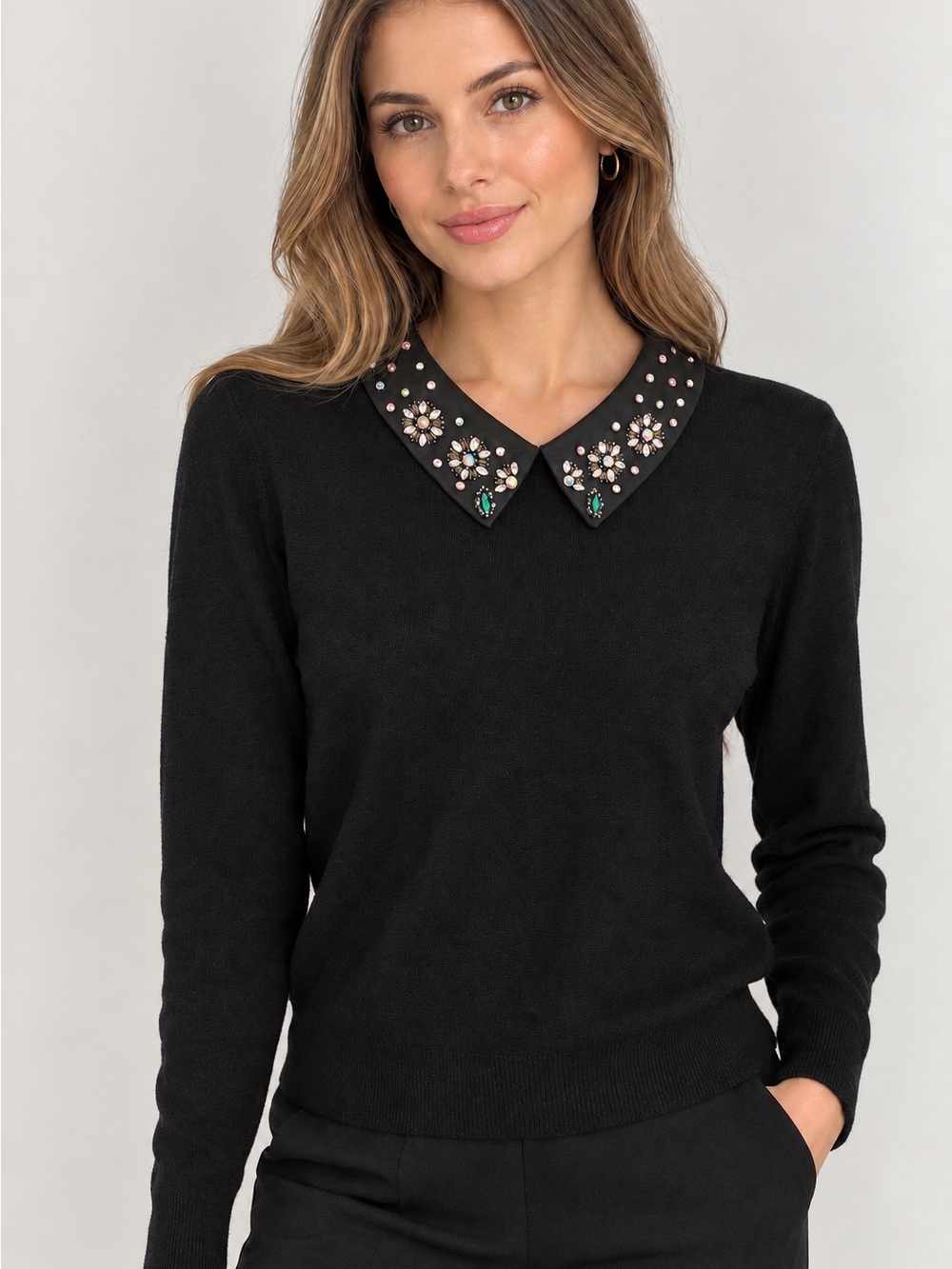 Sioni Milano Women’s XL Black Knit Collared Beaded Lightweight Pullover Sweater